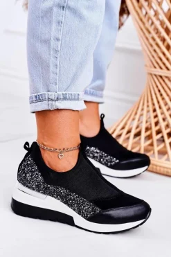 Clearance Boto Damskie Skórzane Sneakersy Na Koturnie Czarne Srebrne Frances