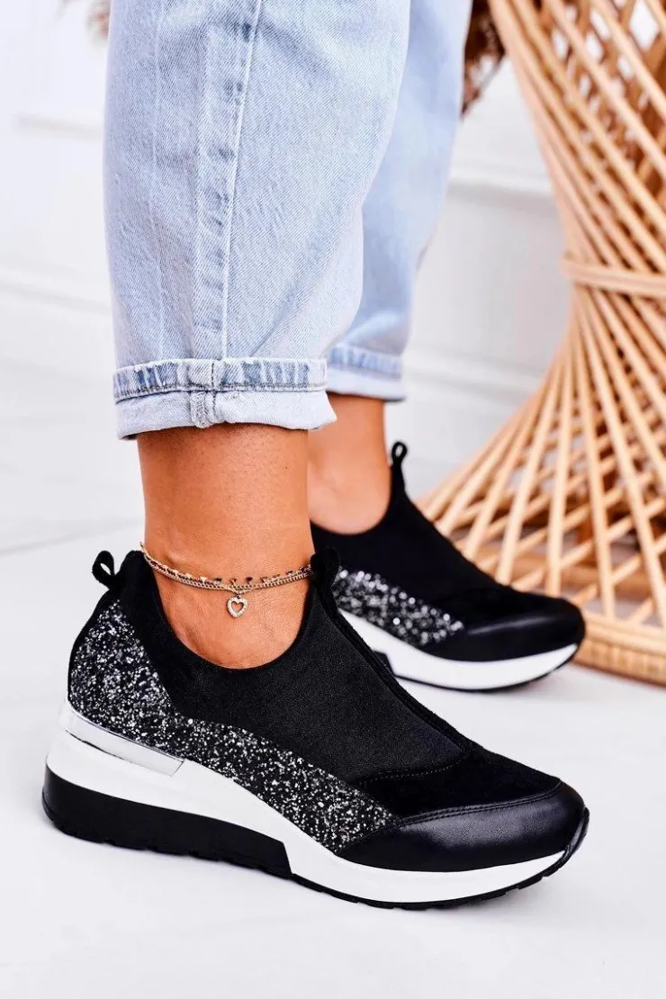 Clearance Boto Damskie Skórzane Sneakersy Na Koturnie Czarne Srebrne Frances