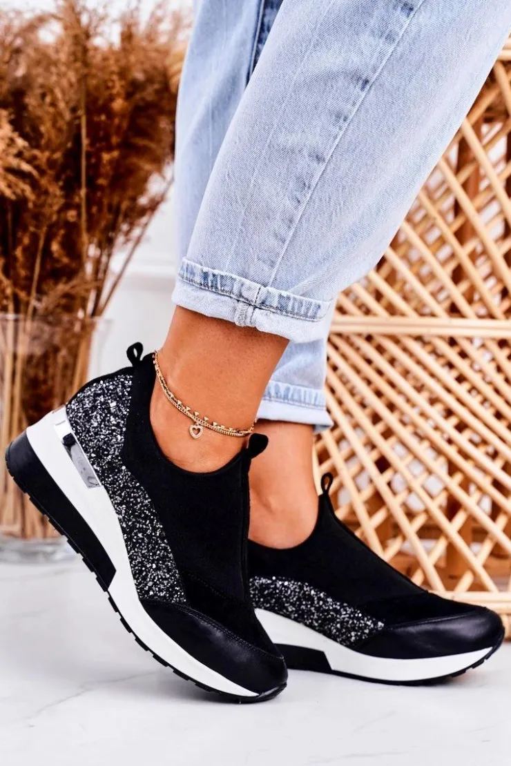 Clearance Boto Damskie Skórzane Sneakersy Na Koturnie Czarne Srebrne Frances