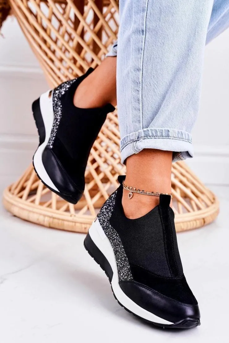 Clearance Boto Damskie Skórzane Sneakersy Na Koturnie Czarne Srebrne Frances