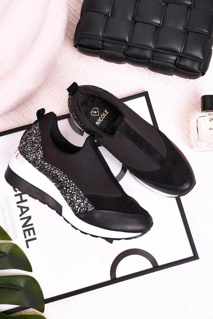 Clearance Boto Damskie Skórzane Sneakersy Na Koturnie Czarne Srebrne Frances