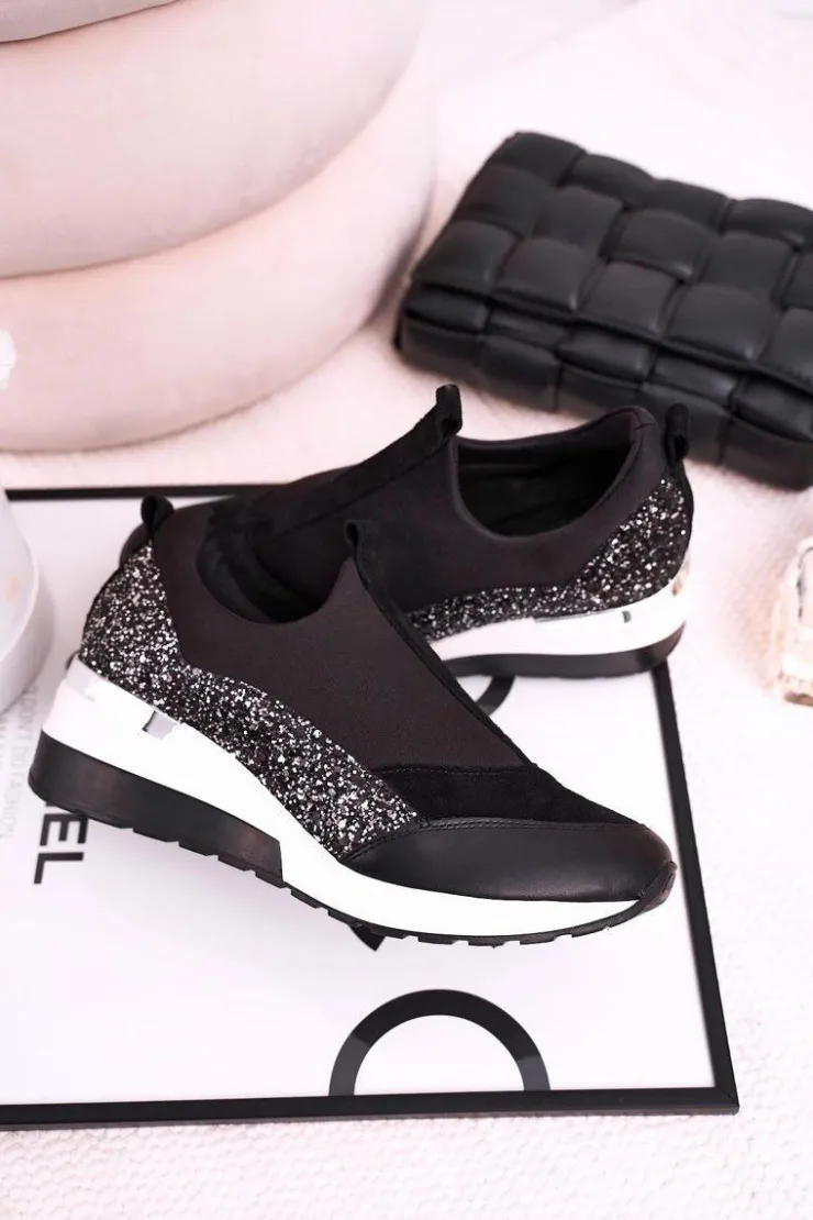 Clearance Boto Damskie Skórzane Sneakersy Na Koturnie Czarne Srebrne Frances