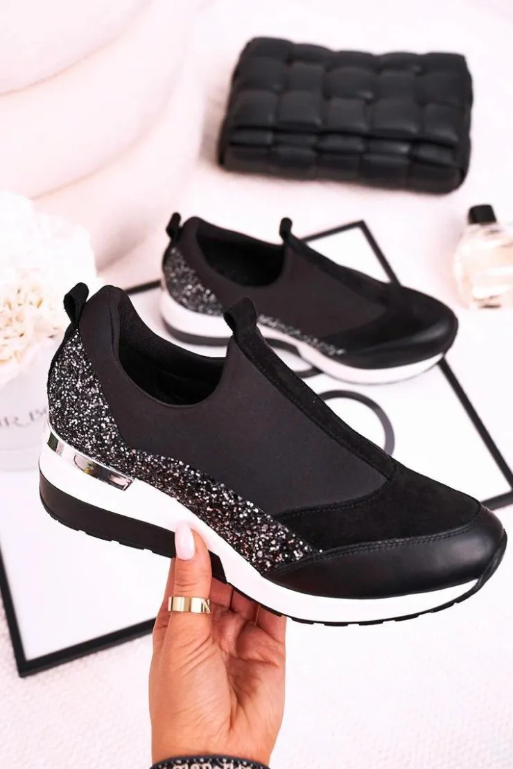 Clearance Boto Damskie Skórzane Sneakersy Na Koturnie Czarne Srebrne Frances