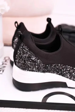 Clearance Boto Damskie Skórzane Sneakersy Na Koturnie Czarne Srebrne Frances