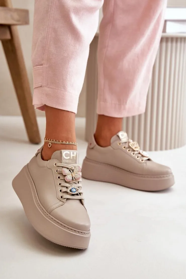 Damskie CheBello Damskie Skórzane Sneakersy Na Platformie Z Ozdobami 4585 Beżowe