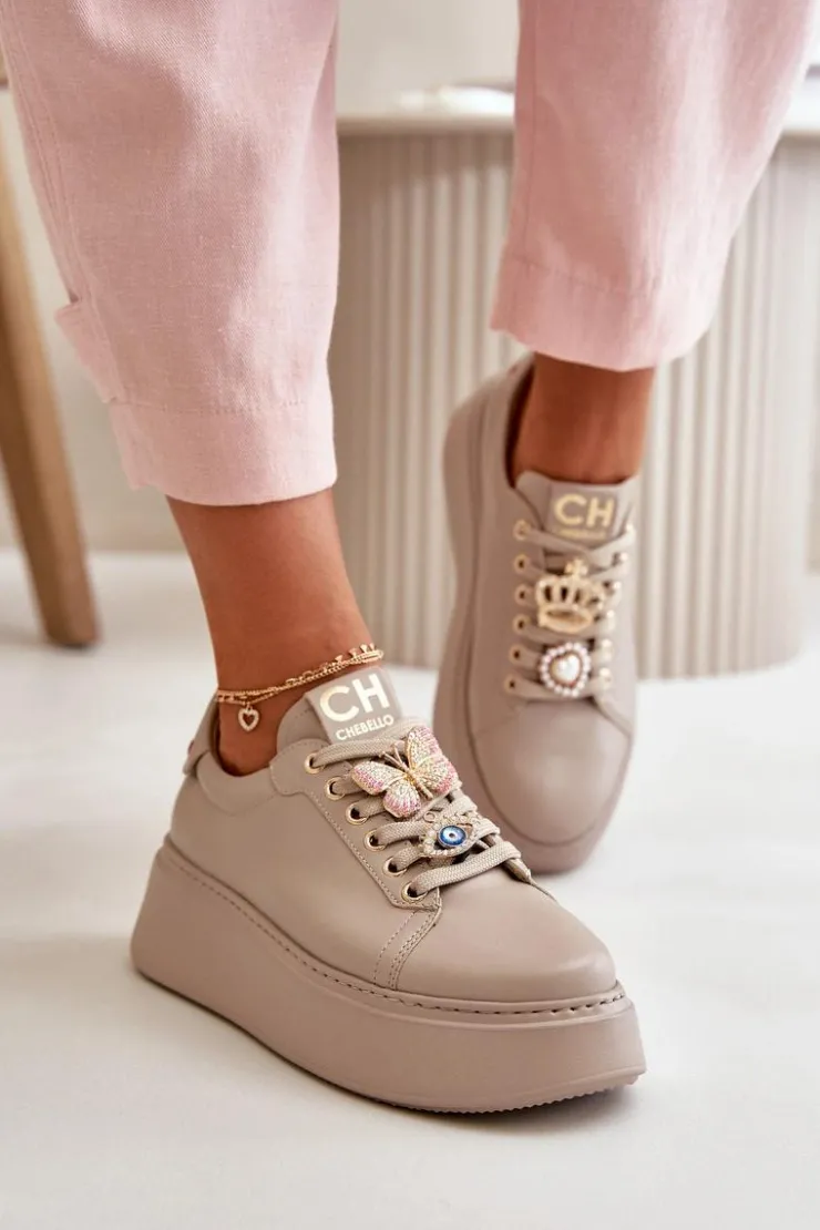 Damskie CheBello Damskie Skórzane Sneakersy Na Platformie Z Ozdobami 4585 Beżowe