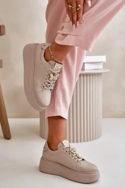 Damskie CheBello Damskie Skórzane Sneakersy Na Platformie Z Ozdobami 4585 Beżowe
