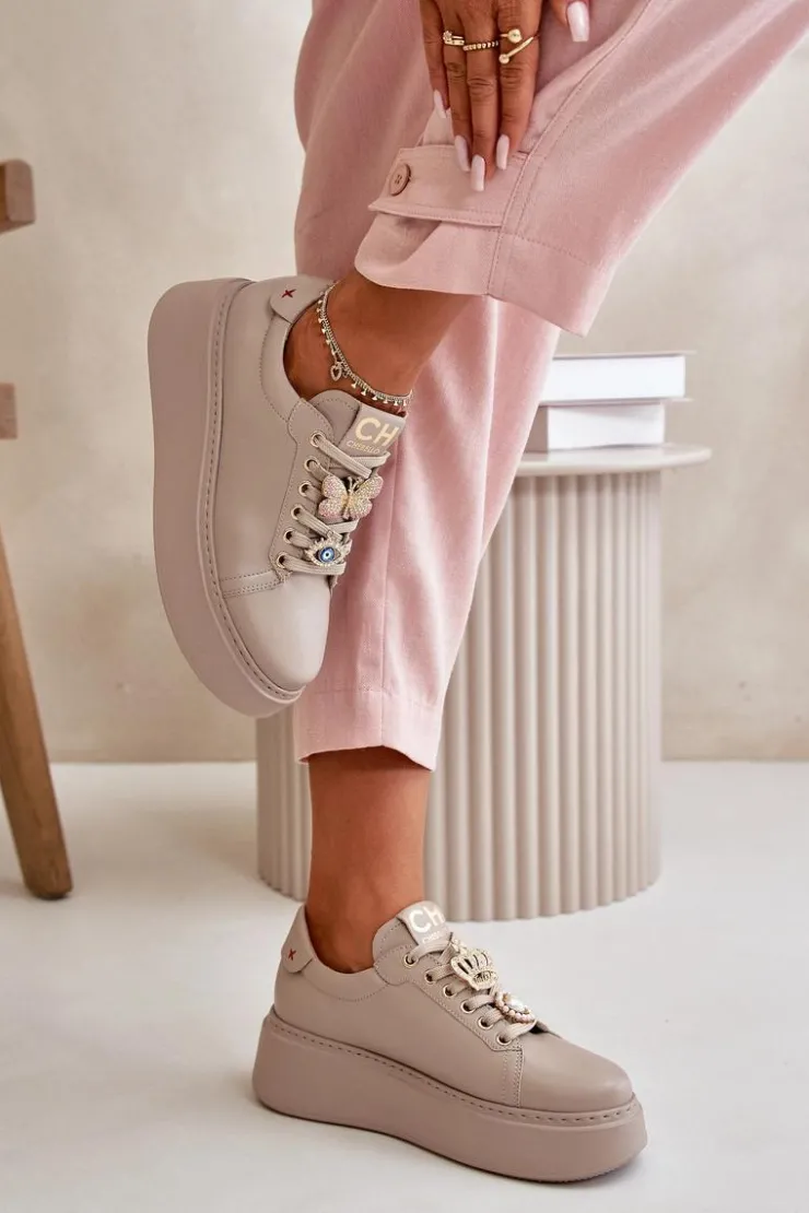 Damskie CheBello Damskie Skórzane Sneakersy Na Platformie Z Ozdobami 4585 Beżowe