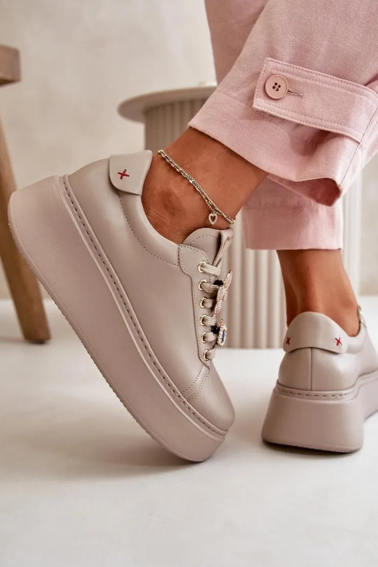 Damskie CheBello Damskie Skórzane Sneakersy Na Platformie Z Ozdobami 4585 Beżowe