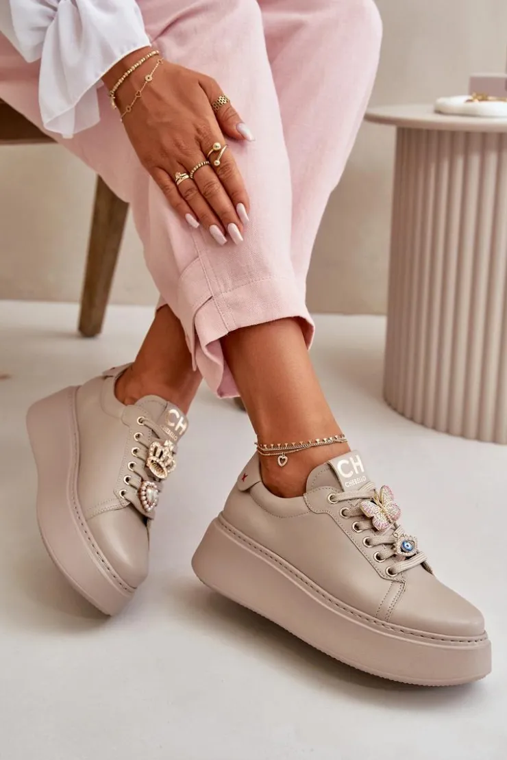 Damskie CheBello Damskie Skórzane Sneakersy Na Platformie Z Ozdobami 4585 Beżowe