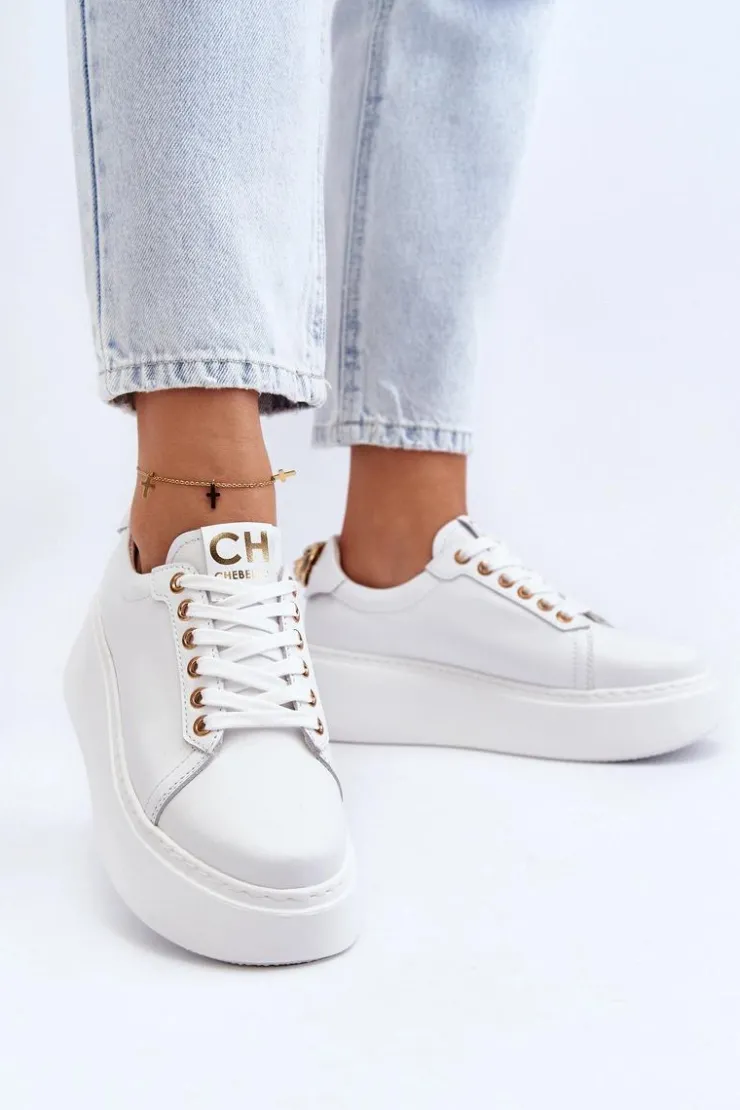CheBello Buty Sportowe Na Platformie*Damskie Skórzane Sneakersy Na Platformie 4367 Białe
