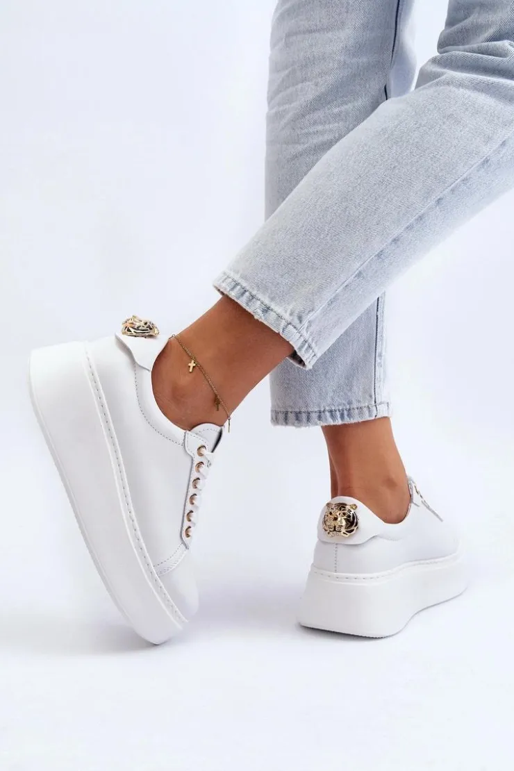 CheBello Buty Sportowe Na Platformie*Damskie Skórzane Sneakersy Na Platformie 4367 Białe