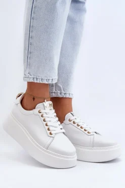 CheBello Buty Sportowe Na Platformie*Damskie Skórzane Sneakersy Na Platformie 4367 Białe