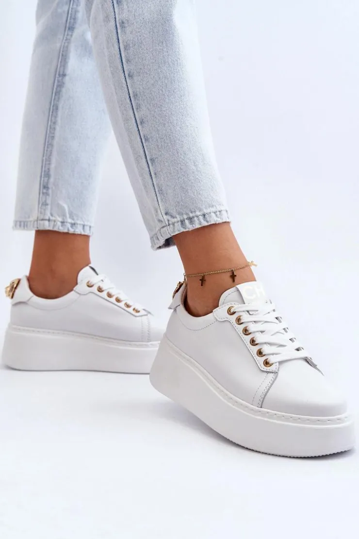 CheBello Buty Sportowe Na Platformie*Damskie Skórzane Sneakersy Na Platformie 4367 Białe