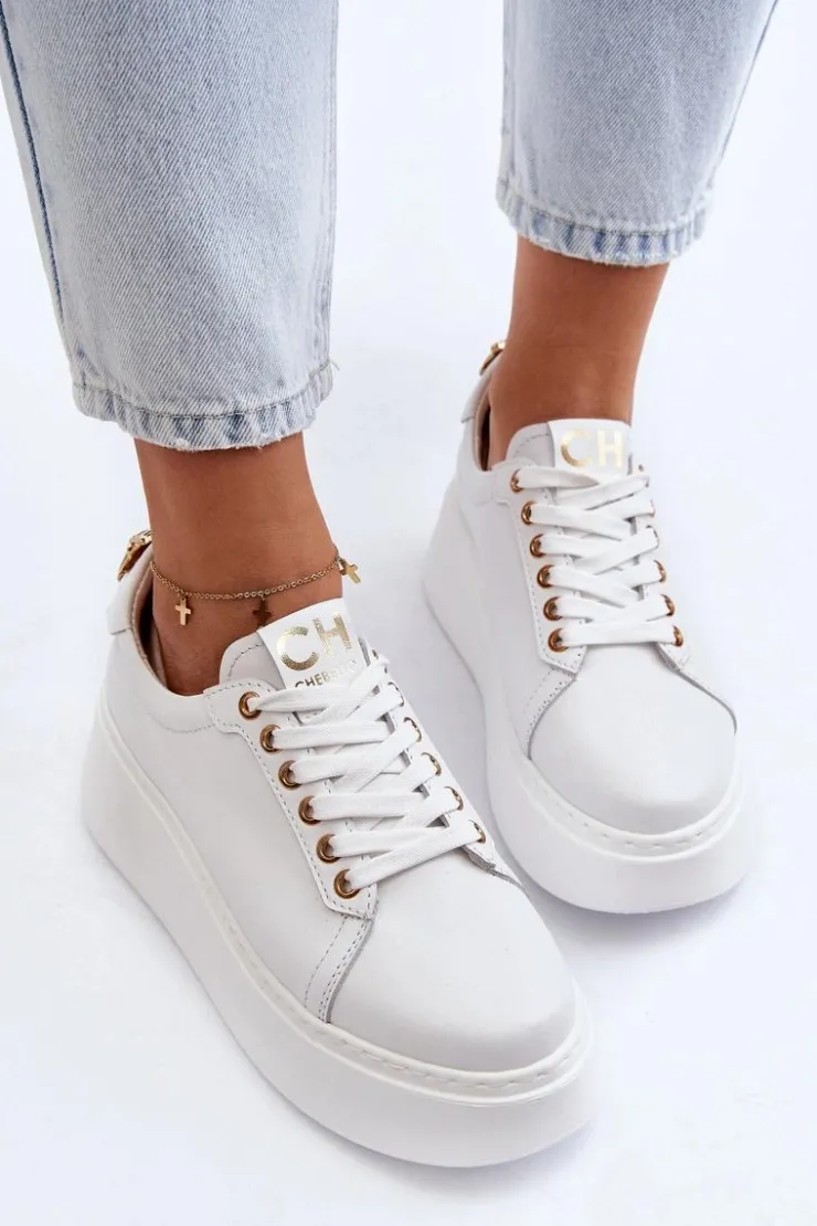 CheBello Buty Sportowe Na Platformie*Damskie Skórzane Sneakersy Na Platformie 4367 Białe