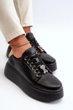 Hot Buty damskie Vinceza Damskie Skórzane Sneakersy Na Platformie Czarne Vinceza 66700