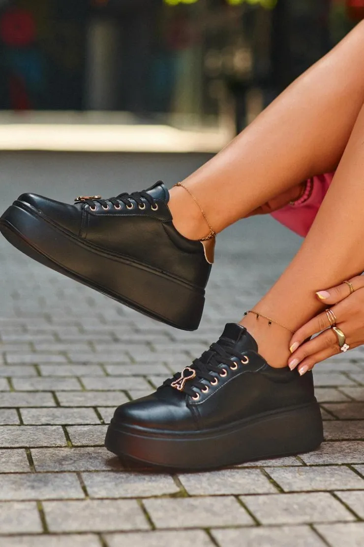 Hot Buty damskie Vinceza Damskie Skórzane Sneakersy Na Platformie Czarne Vinceza 66700