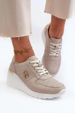 Damskie buty S.Barski Sneakersy Damskie*Damskie Skórzane Sneakersy Na Koturnie Beżowe S.Barski LR810 Beżowy