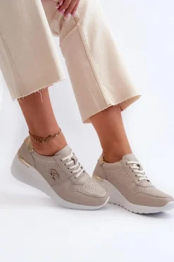 Damskie buty S.Barski Sneakersy Damskie*Damskie Skórzane Sneakersy Na Koturnie Beżowe S.Barski LR810 Beżowy