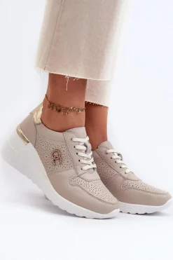 Damskie buty S.Barski Sneakersy Damskie*Damskie Skórzane Sneakersy Na Koturnie Beżowe S.Barski LR810 Beżowy