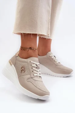 Damskie buty S.Barski Sneakersy Damskie*Damskie Skórzane Sneakersy Na Koturnie Beżowe S.Barski LR810 Beżowy