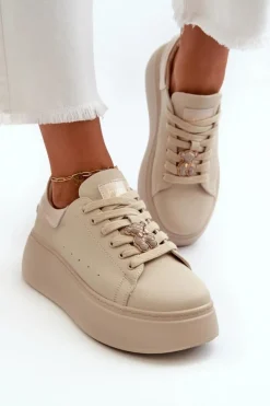 Buty damskie Vinceza Sneakersy Damskie*Damskie Skórzane Sneakersy Na Platformie Z Misiem Beżowe Vinceza 66641