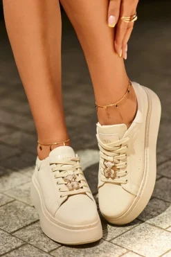 Buty damskie Vinceza Sneakersy Damskie*Damskie Skórzane Sneakersy Na Platformie Z Misiem Beżowe Vinceza 66641