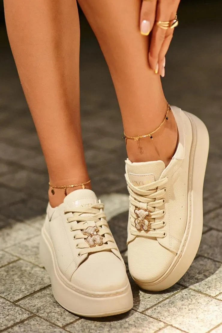 Buty damskie Vinceza Sneakersy Damskie*Damskie Skórzane Sneakersy Na Platformie Z Misiem Beżowe Vinceza 66641