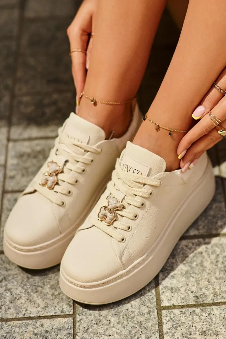 Buty damskie Vinceza Sneakersy Damskie*Damskie Skórzane Sneakersy Na Platformie Z Misiem Beżowe Vinceza 66641