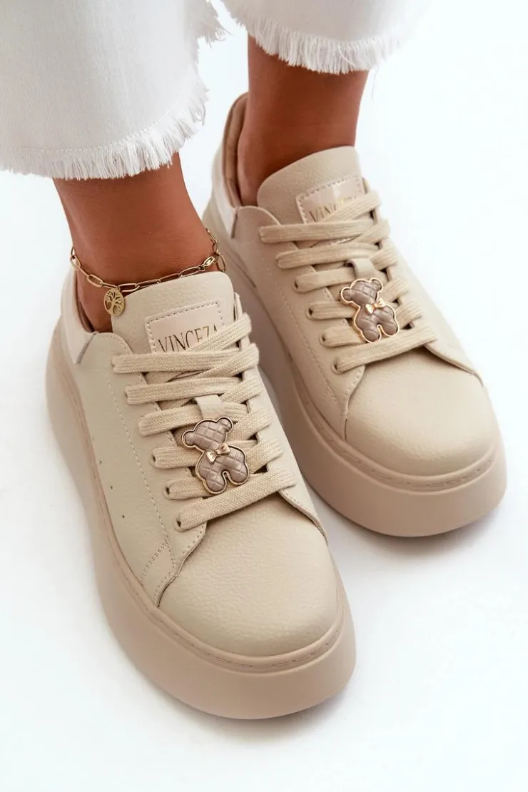 Buty damskie Vinceza Sneakersy Damskie*Damskie Skórzane Sneakersy Na Platformie Z Misiem Beżowe Vinceza 66641