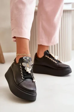 Discount CheBello Damskie Skórzane Sneakersy Na Platformie Z Motylem 4585 Czarne