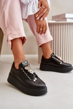Discount CheBello Damskie Skórzane Sneakersy Na Platformie Z Motylem 4585 Czarne