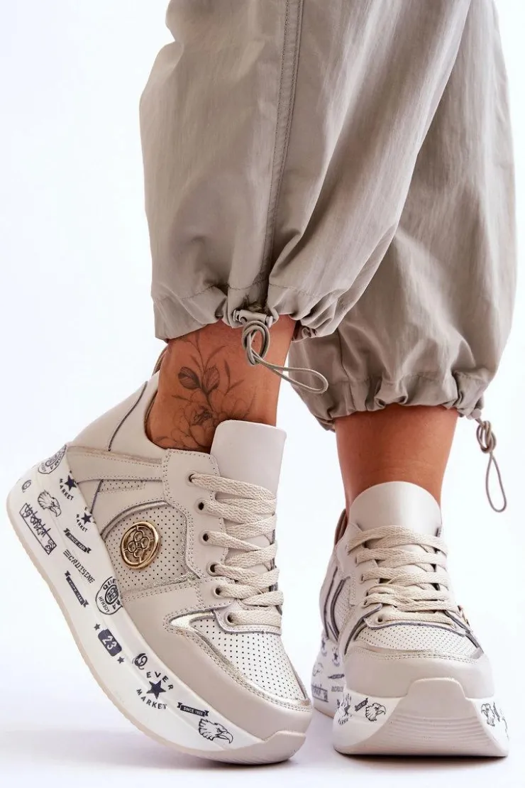 Damskie Evento Damskie Skórzane Sneakersy Na Masywnej Platformie Beżowe Asturia
