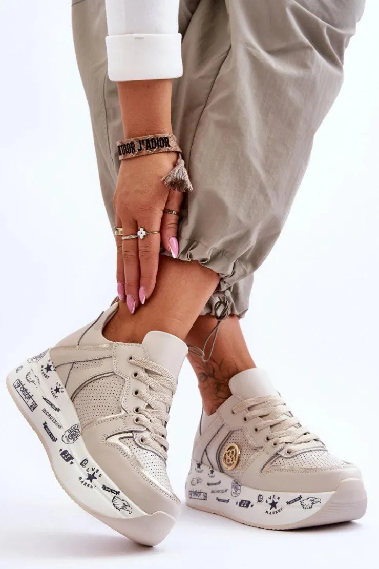 Damskie Evento Damskie Skórzane Sneakersy Na Masywnej Platformie Beżowe Asturia