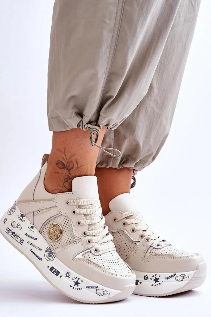 Damskie Evento Damskie Skórzane Sneakersy Na Masywnej Platformie Beżowe Asturia