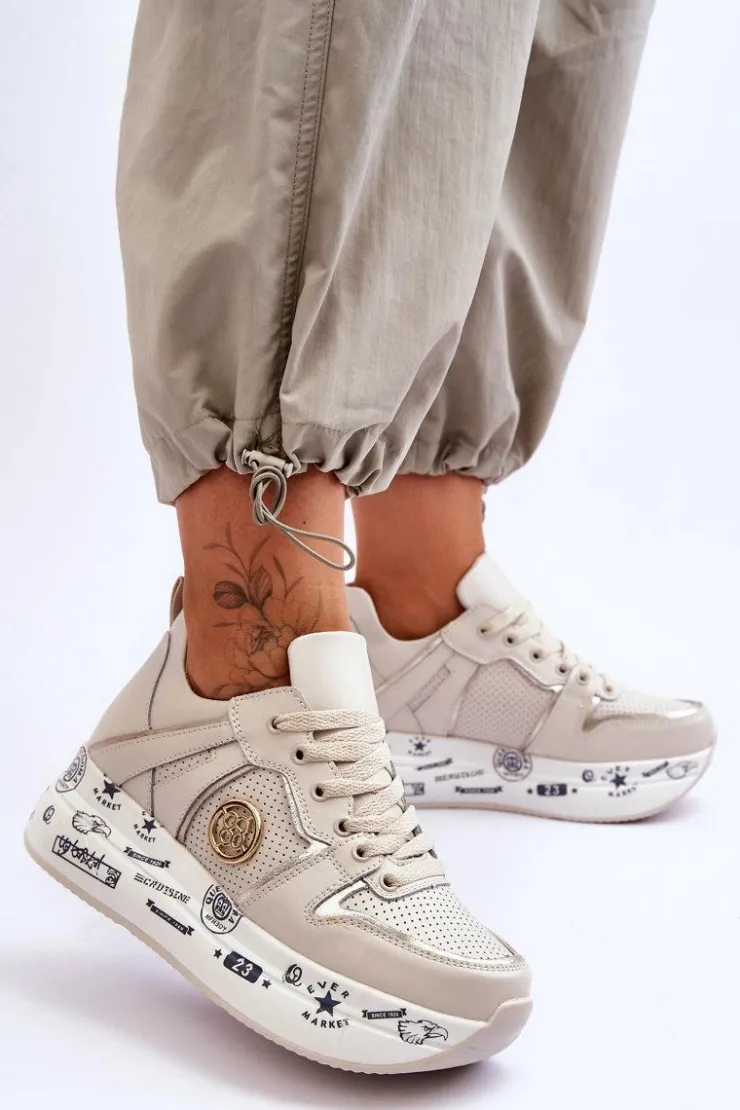 Damskie Evento Damskie Skórzane Sneakersy Na Masywnej Platformie Beżowe Asturia