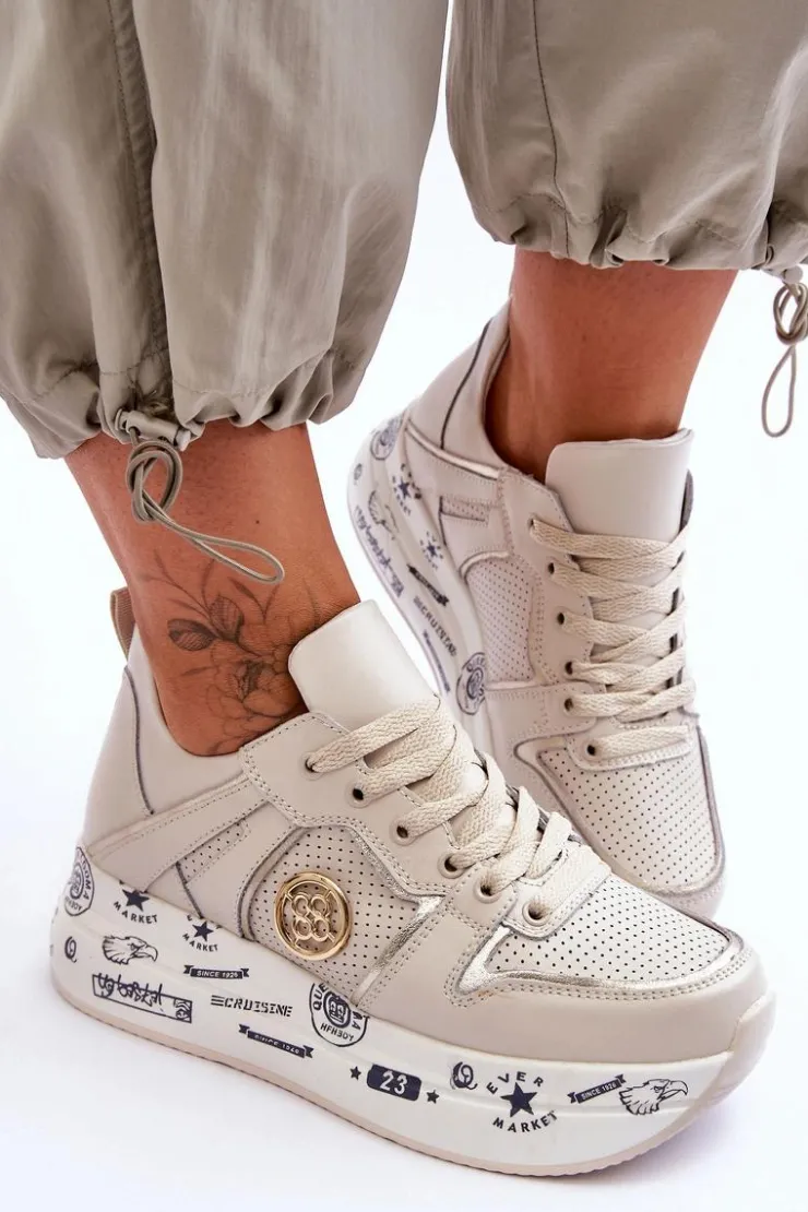 Damskie Evento Damskie Skórzane Sneakersy Na Masywnej Platformie Beżowe Asturia