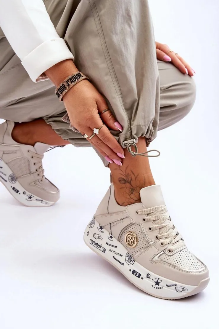 Damskie Evento Damskie Skórzane Sneakersy Na Masywnej Platformie Beżowe Asturia
