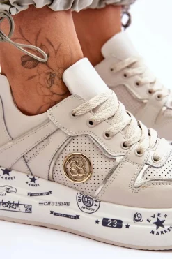 Damskie Evento Damskie Skórzane Sneakersy Na Masywnej Platformie Beżowe Asturia