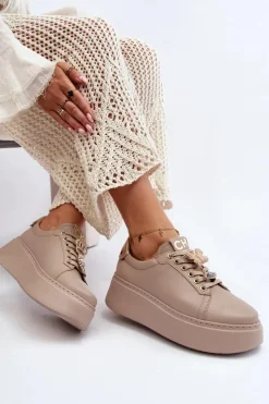 CheBello Buty Sportowe Na Platformie*Damskie Skórzane Sneakersy Z Ozdobami 4292 Beżowe