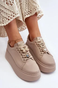 CheBello Buty Sportowe Na Platformie*Damskie Skórzane Sneakersy Z Ozdobami 4292 Beżowe