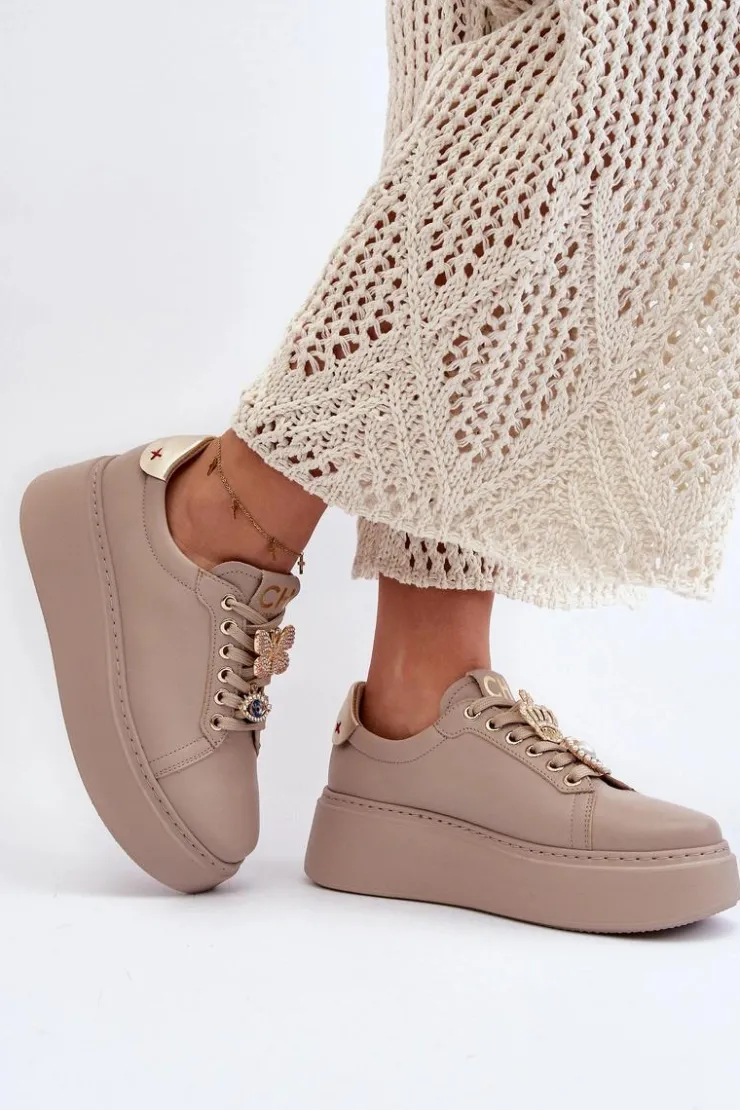CheBello Buty Sportowe Na Platformie*Damskie Skórzane Sneakersy Z Ozdobami 4292 Beżowe