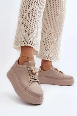 CheBello Buty Sportowe Na Platformie*Damskie Skórzane Sneakersy Z Ozdobami 4292 Beżowe