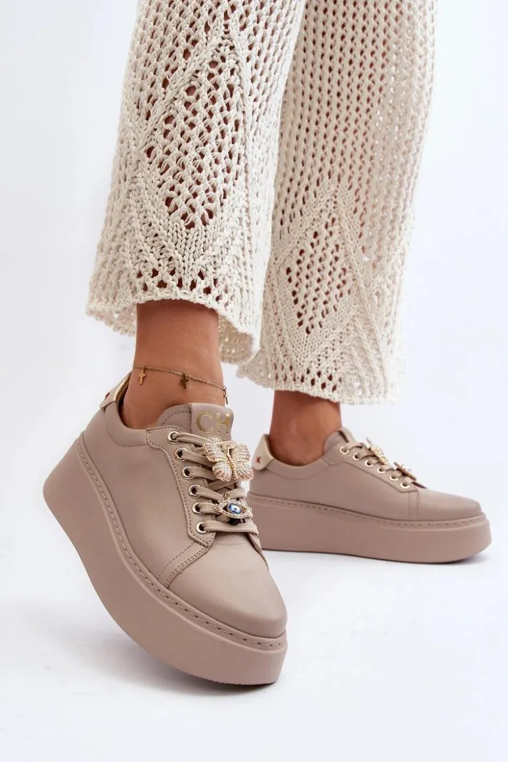CheBello Buty Sportowe Na Platformie*Damskie Skórzane Sneakersy Z Ozdobami 4292 Beżowe