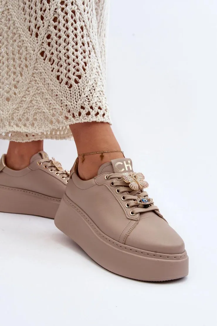 CheBello Buty Sportowe Na Platformie*Damskie Skórzane Sneakersy Z Ozdobami 4292 Beżowe