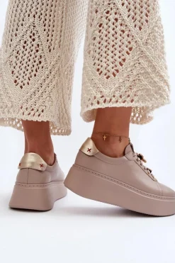 CheBello Buty Sportowe Na Platformie*Damskie Skórzane Sneakersy Z Ozdobami 4292 Beżowe