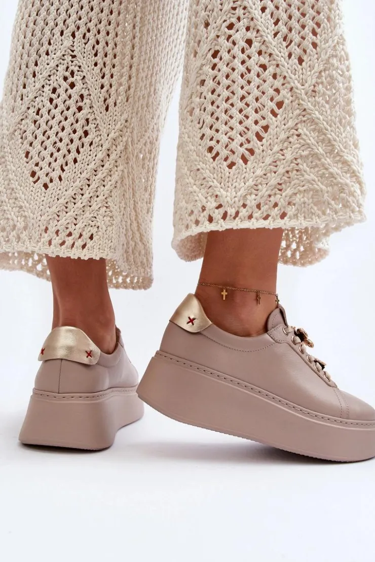 CheBello Buty Sportowe Na Platformie*Damskie Skórzane Sneakersy Z Ozdobami 4292 Beżowe