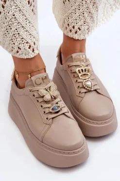 CheBello Buty Sportowe Na Platformie*Damskie Skórzane Sneakersy Z Ozdobami 4292 Beżowe