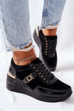 Damskie Damskie buty S.Barski Damskie Skórzane Sneakersy Na Koturnie Czarne Montessori