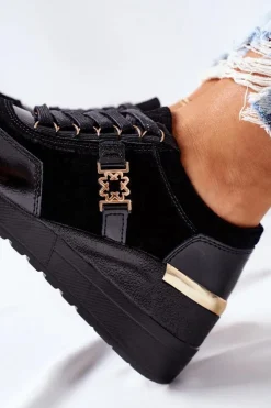 Damskie Damskie buty S.Barski Damskie Skórzane Sneakersy Na Koturnie Czarne Montessori